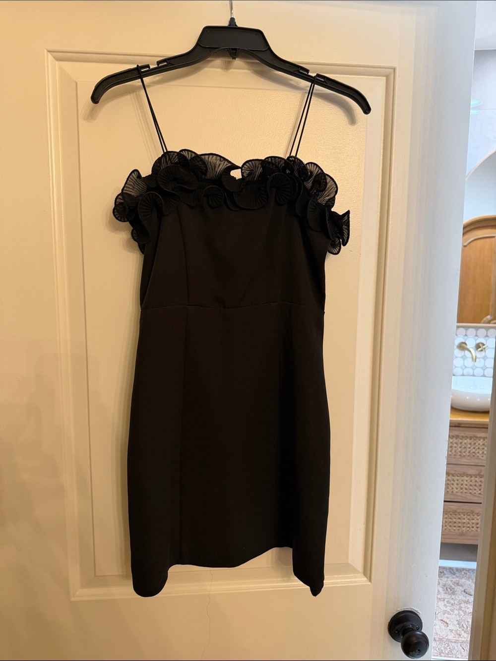 glam Black Spaghetti Strap Ruffle Mini Dress